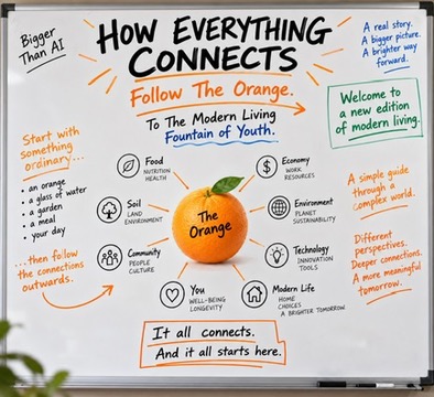 How Everything Connects. A handwritten whiteboard connects The Orange to food, soil, community, you, economy, environment, technology and modern life. Follow The Orange, to The Modern Living Fountain of Youth.