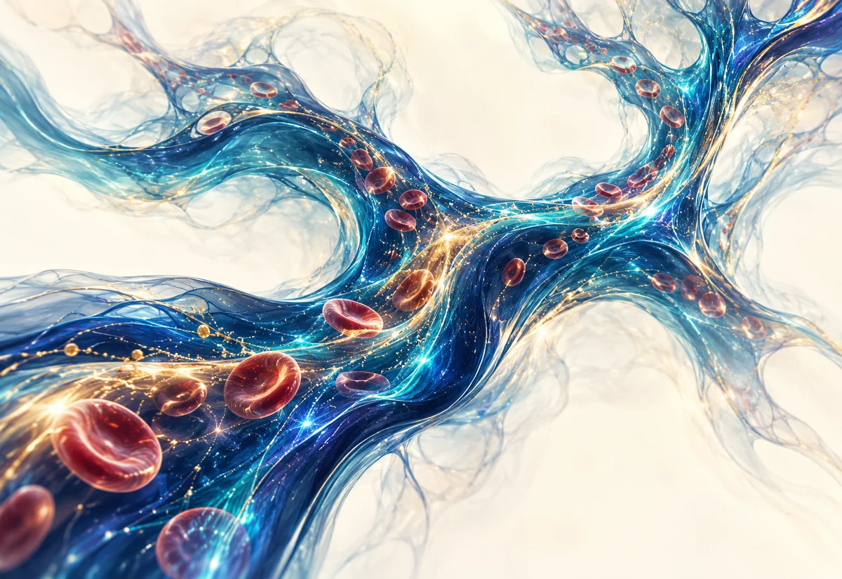 Red cell-like discs travel through flowing blue and teal abstract channels.