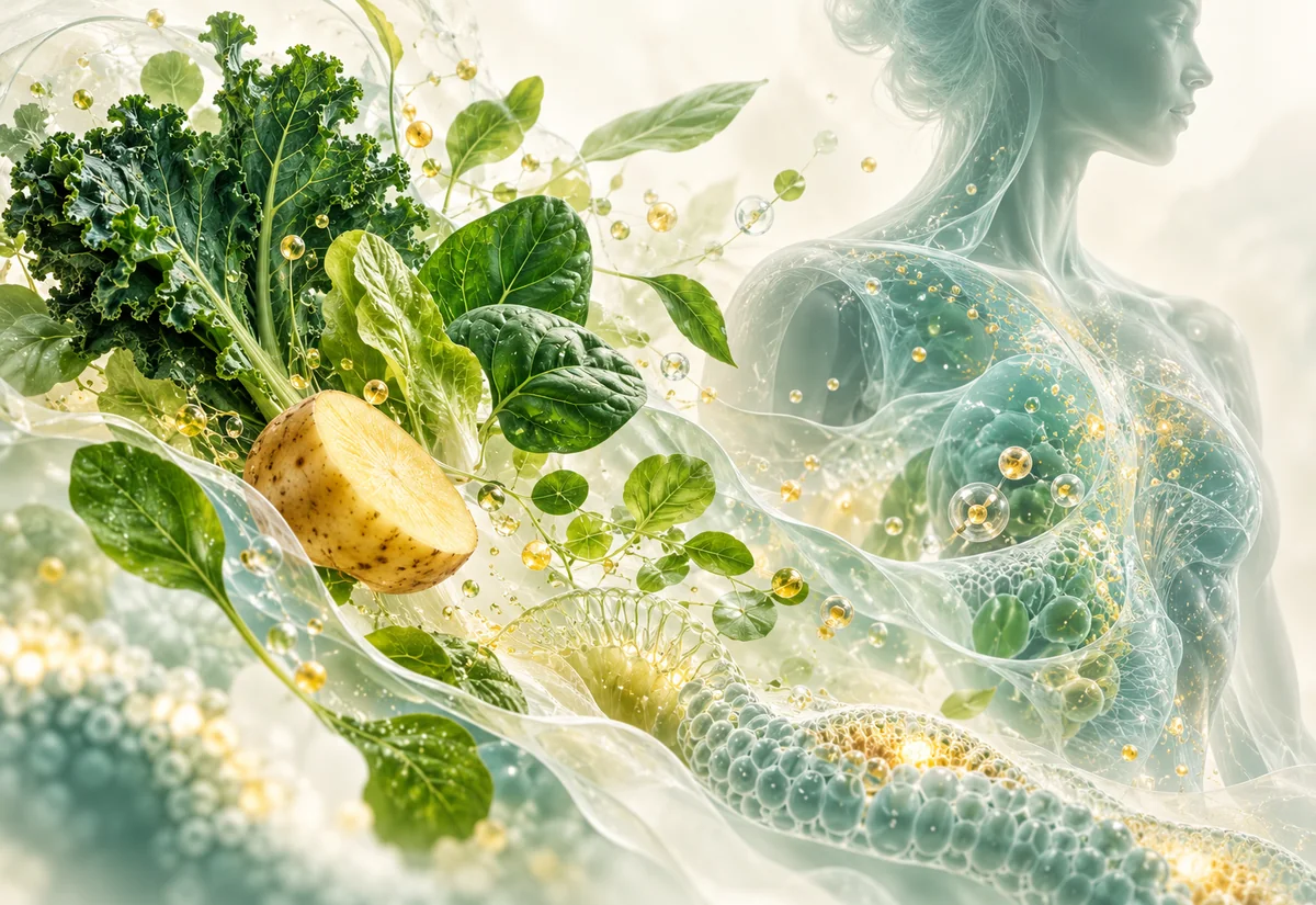 Leafy greens and a cut potato beside a translucent human silhouette and abstract cellular textures.