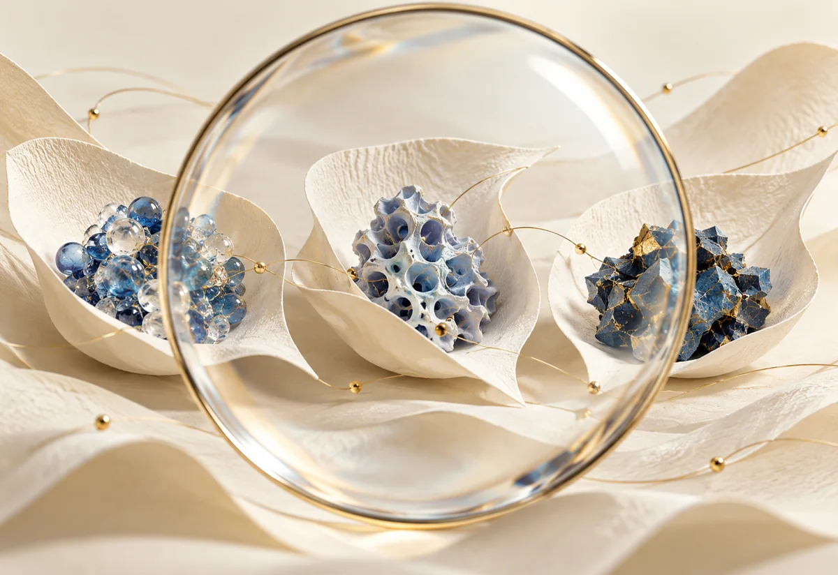 A clear lens frames three different blue sculptural forms resting on folded ivory paper.