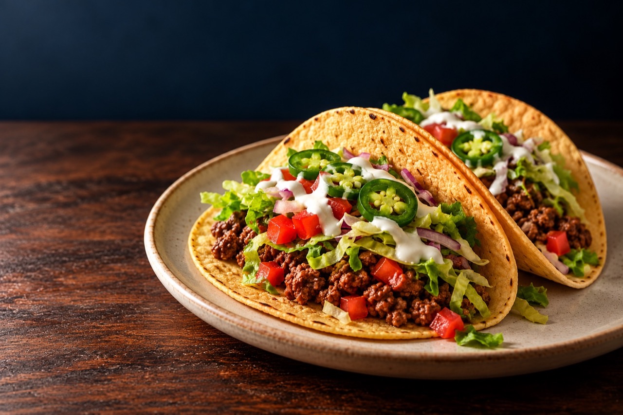 AI-generated serving illustration of beef tacos with lettuce, tomato, cabbage slaw and optional jalapeños