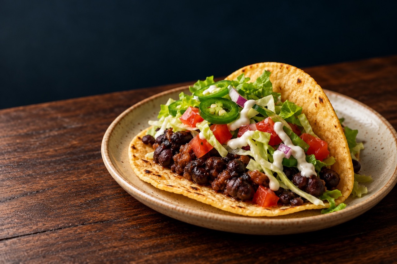 AI-generated serving illustration of black bean tacos with lettuce, tomato, cabbage slaw and optional jalapeños