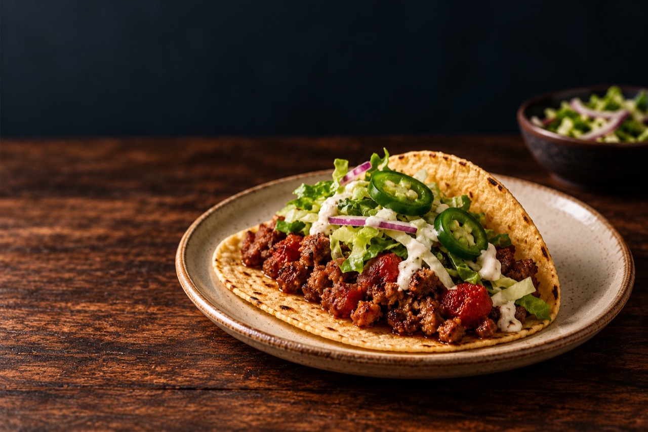 AI-generated serving illustration of sausage tacos with lettuce, tomato, cabbage slaw and optional jalapeños
