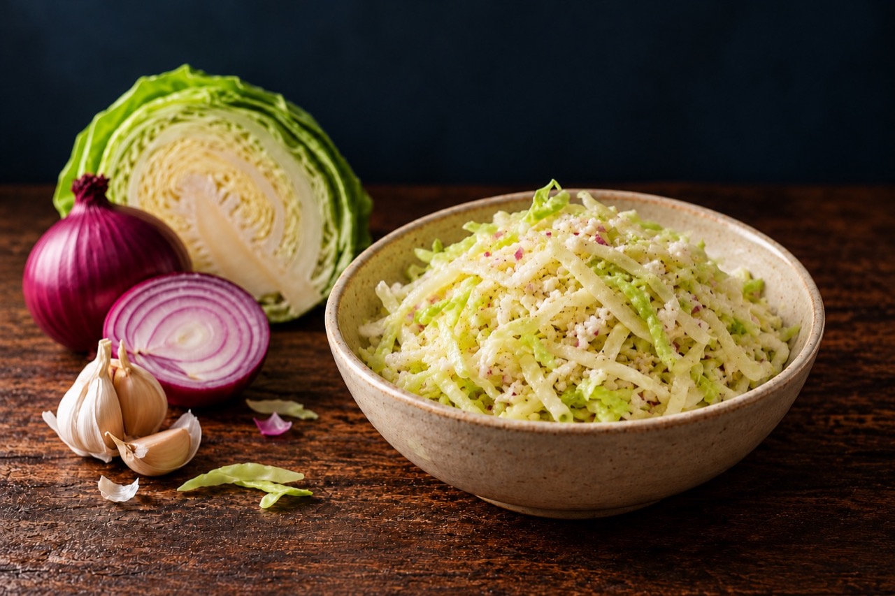 AI-generated serving illustration of hand-sliced cabbage slaw with fine onion and garlic flecks