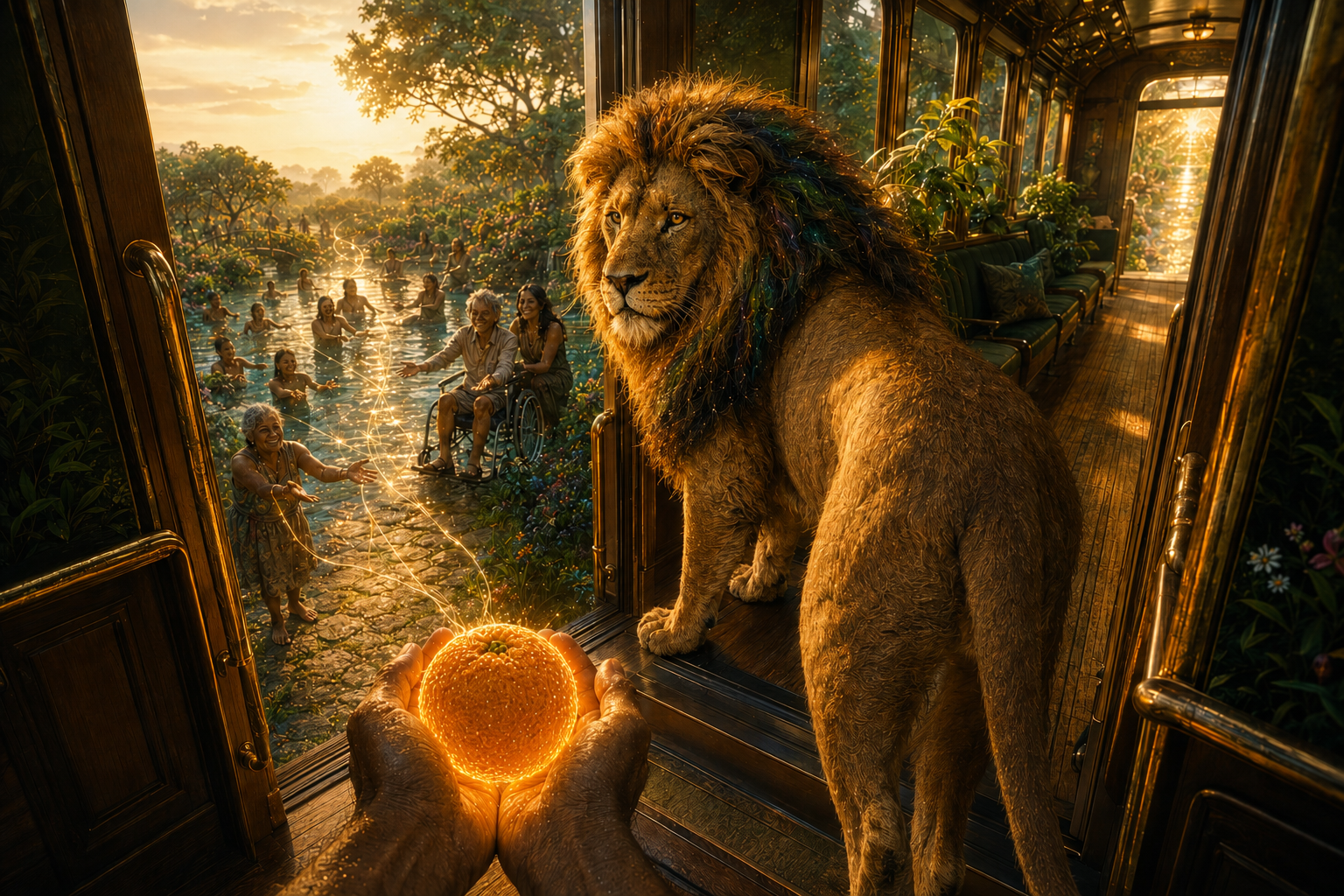 The original Company Lion welcome at the Peace Train doorway, with The Orange