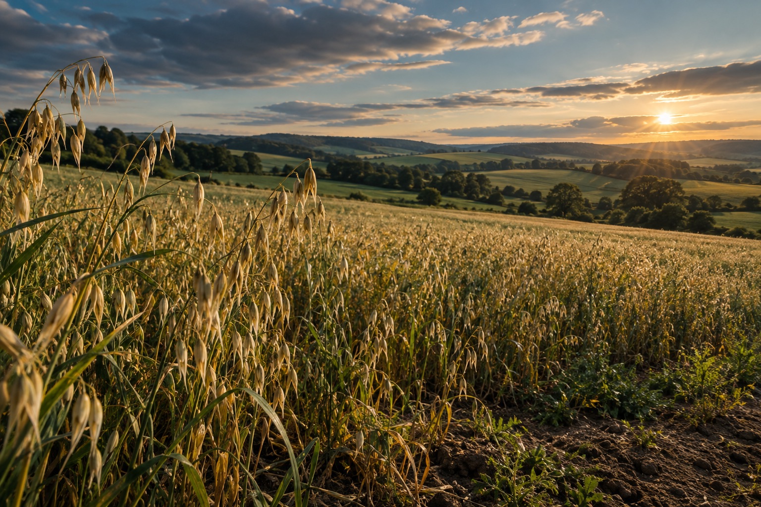 Oat field, soil and an open horizon — an environmental illustration.