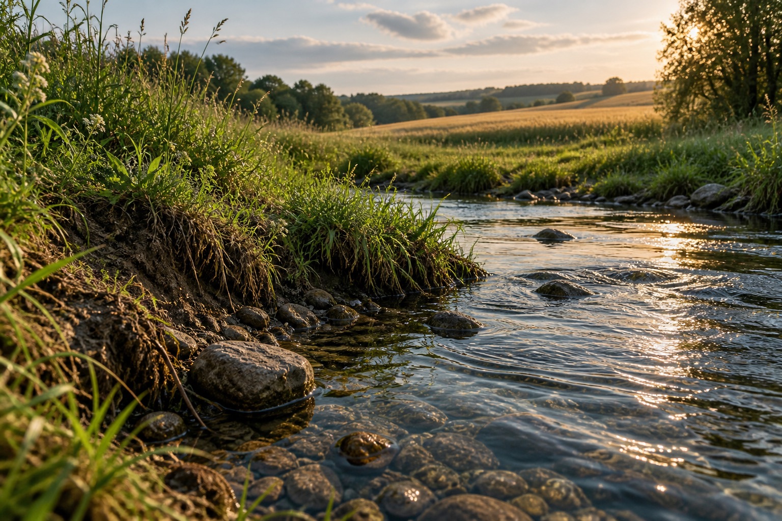 A stream beside an agricultural field — an environmental illustration.
