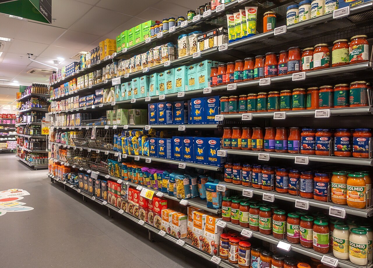 Grocery shelves in Stockholm, photographed in July 2021